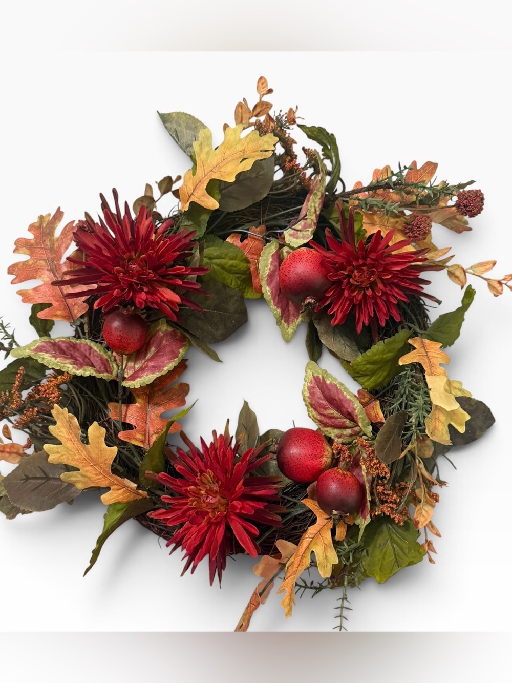 Northlight Fall Wreath Red Mums Pomegranates Grapevine Autumn Decor 20”